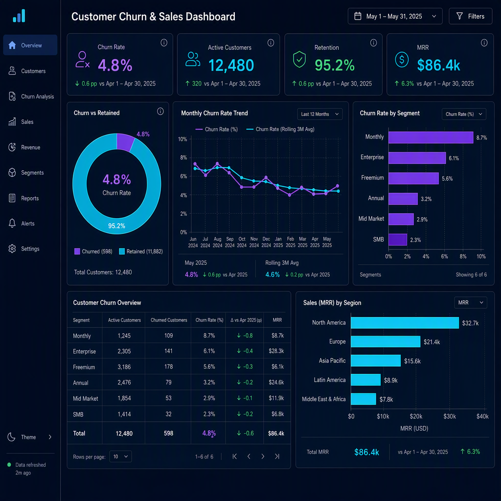 Customer churn and sales dashboard